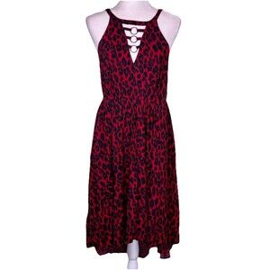 Torrid Womens Red Black Leopard Print Midi Dress Ring Detail Cutout Keyhole Sz 0